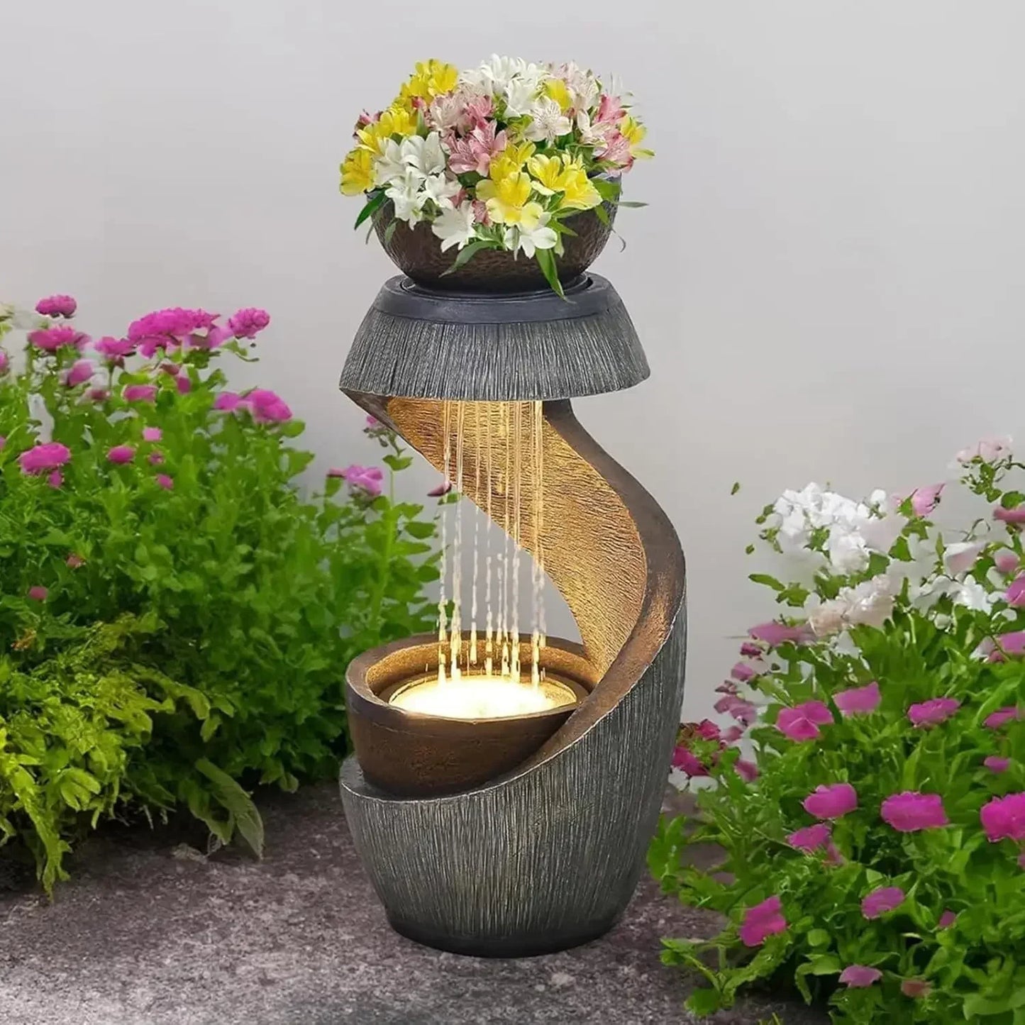 S Shaped Outdoor Water Fountain With LED Lights And Planter Bowl