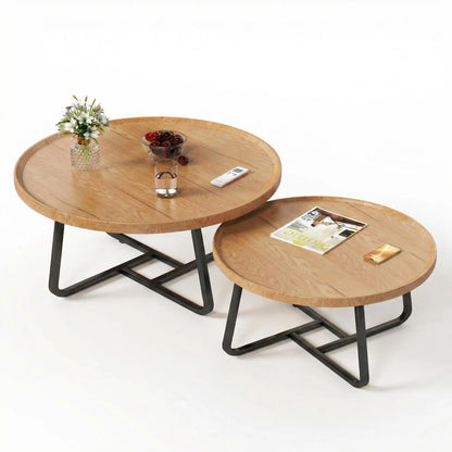 Mid Century Modern Nesting Coffee Table Set – 2 Fluted Round Wood Side Tables – Sturdy Metal Frame, Easy Assembly – Space-Saving