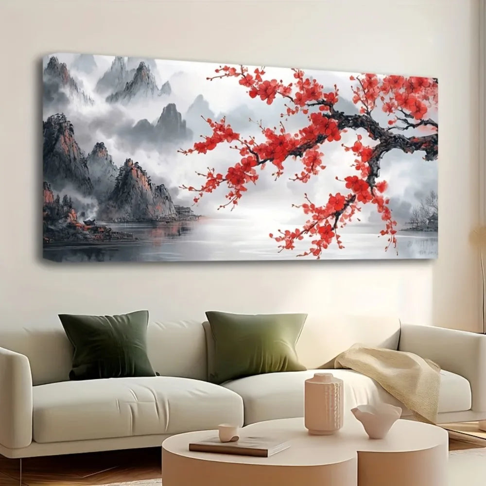 Pink Plum Chinese Mural Pine Wood Frame Landscape Wall Art