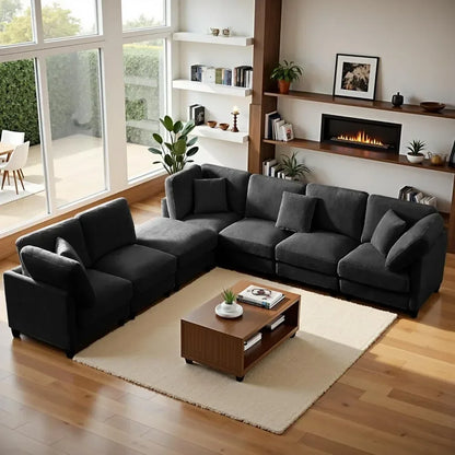 121'' 7-Seater Chenille Cloud Couch with Movable Ottoman L/U-Shape Modern Upholstered Sectional Sofa for Living Room Customized