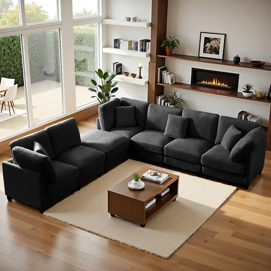 121'' 7-Seater Chenille Cloud Couch with Movable Ottoman L/U-Shape Modern Upholstered Sectional Sofa for Living Room Customized
