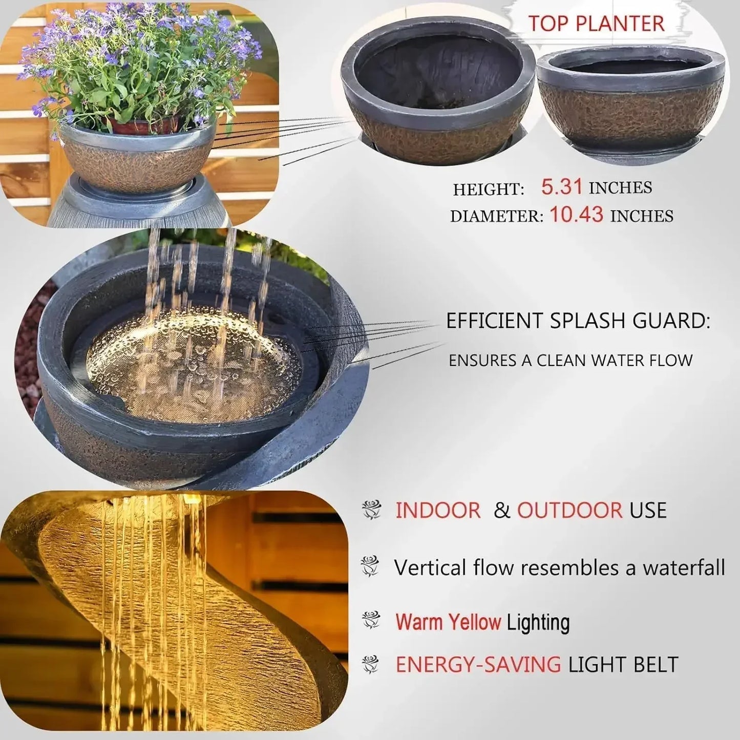 S Shaped Outdoor Water Fountain With LED Lights And Planter Bowl