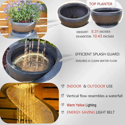 S Shaped Outdoor Water Fountain With LED Lights And Planter Bowl