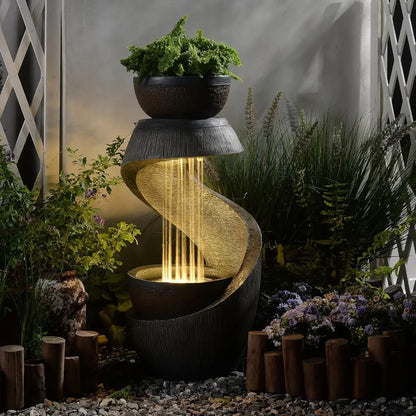S Shaped Outdoor Water Fountain With LED Lights And Planter Bowl