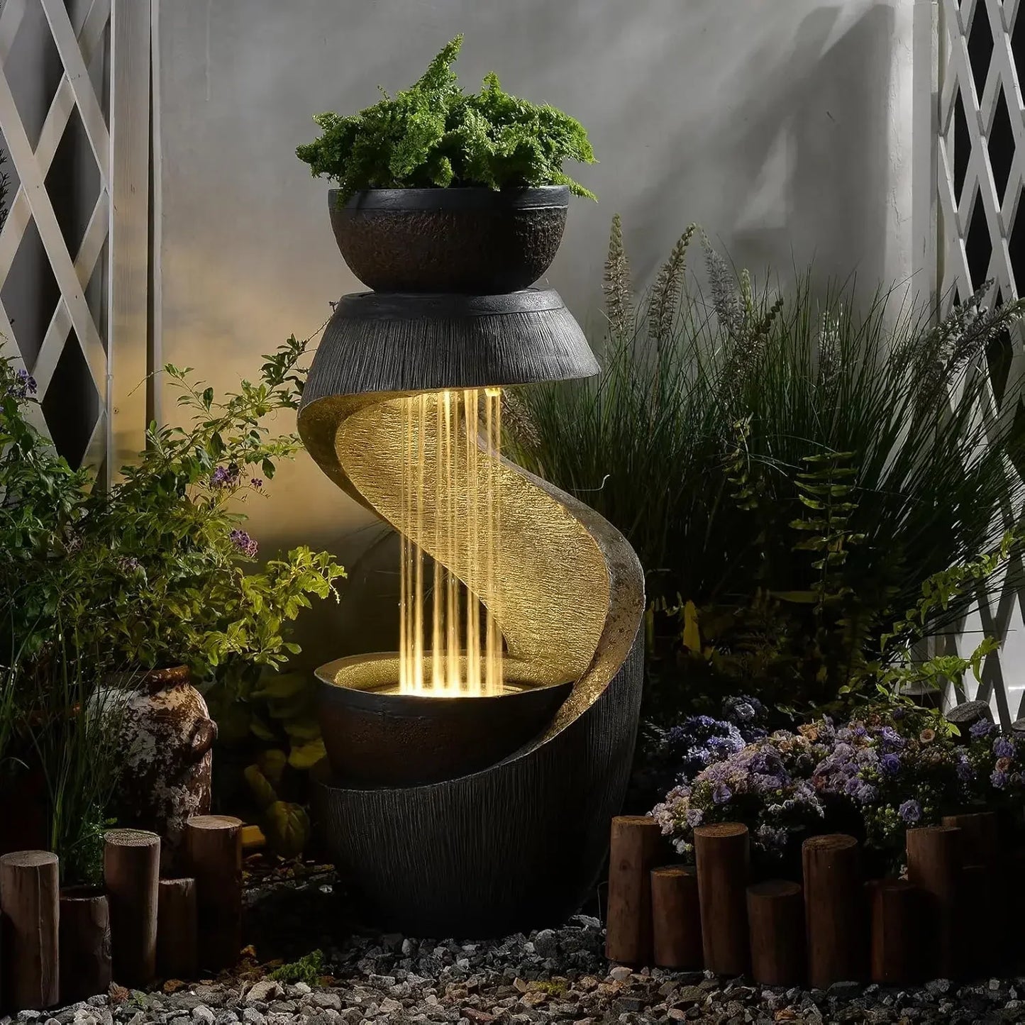 S Shaped Outdoor Water Fountain With LED Lights And Planter Bowl