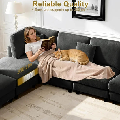 121'' 7-Seater Chenille Cloud Couch with Movable Ottoman L/U-Shape Modern Upholstered Sectional Sofa for Living Room Customized