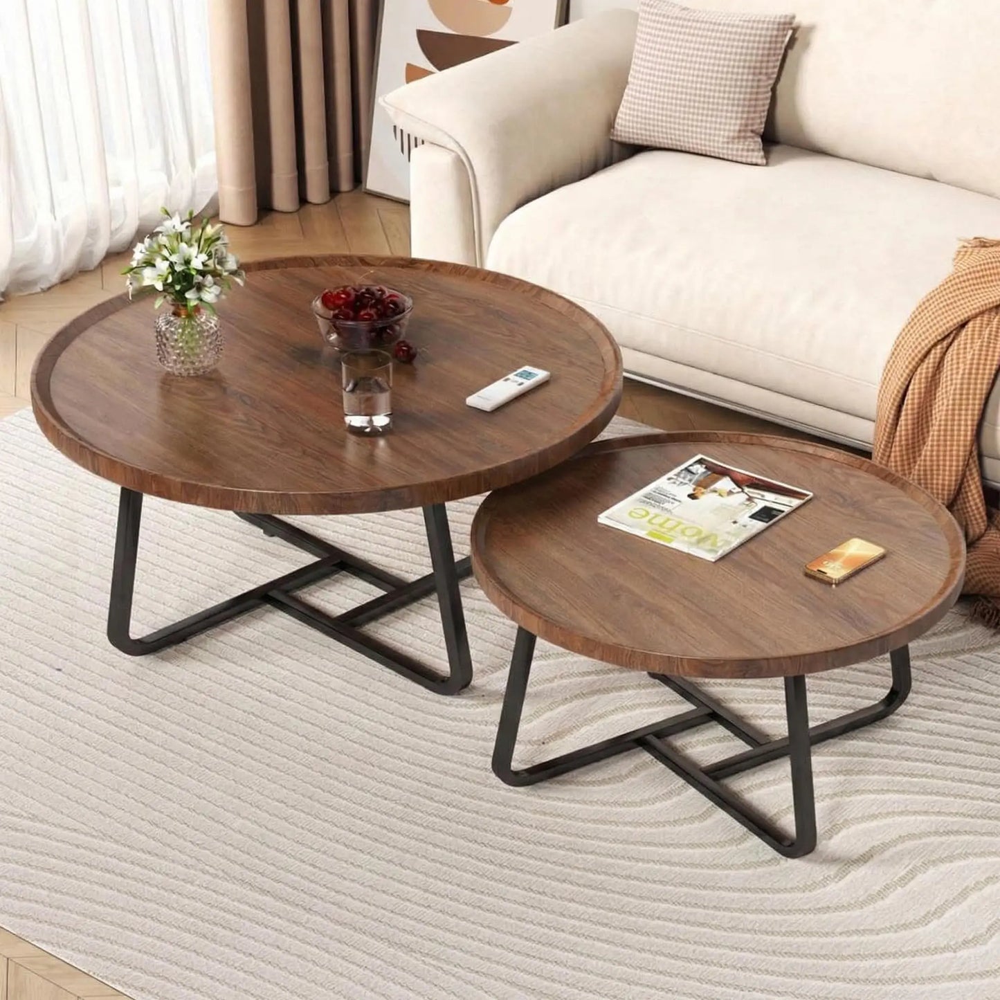 Mid Century Modern Nesting Coffee Table Set – 2 Fluted Round Wood Side Tables – Sturdy Metal Frame, Easy Assembly – Space-Saving