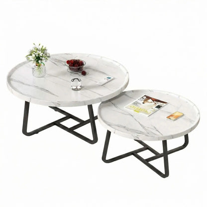 Mid Century Modern Nesting Coffee Table Set – 2 Fluted Round Wood Side Tables – Sturdy Metal Frame, Easy Assembly – Space-Saving