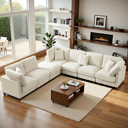 121'' 7-Seater Chenille Cloud Couch with Movable Ottoman L/U-Shape Modern Upholstered Sectional Sofa for Living Room Customized