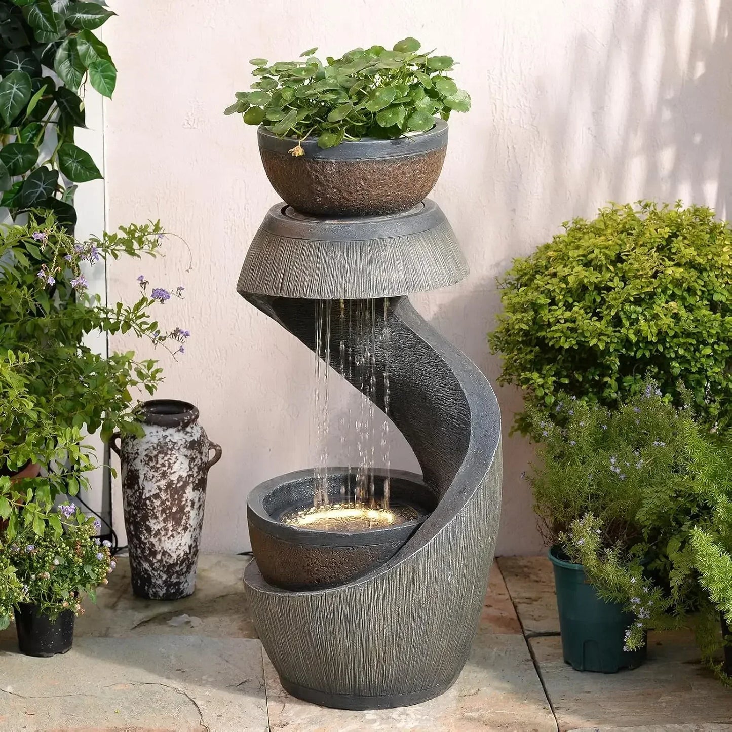 S Shaped Outdoor Water Fountain With LED Lights And Planter Bowl
