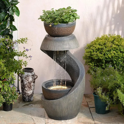 S Shaped Outdoor Water Fountain With LED Lights And Planter Bowl