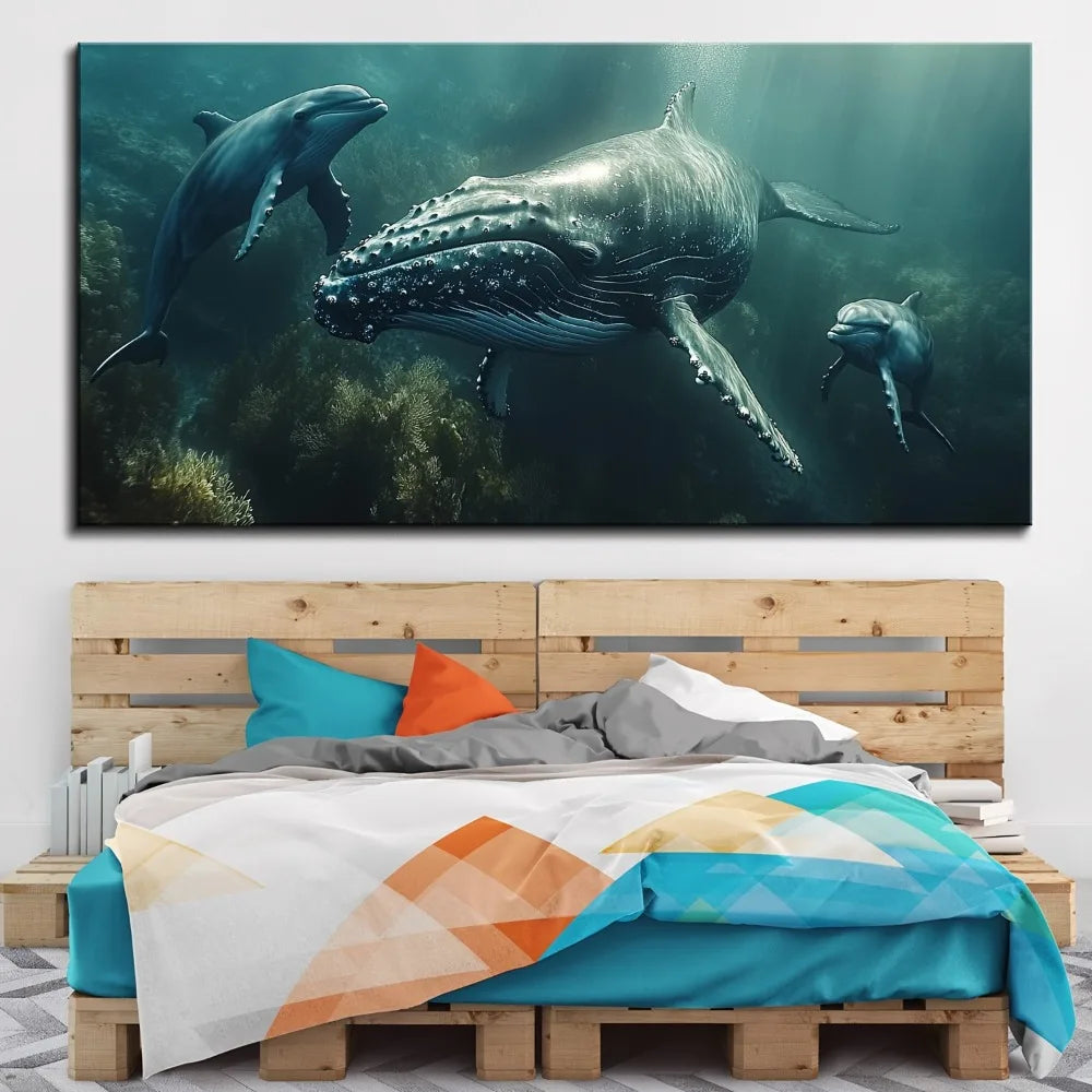Ocean Whale Mother And Child Canvas Wall Art Poster