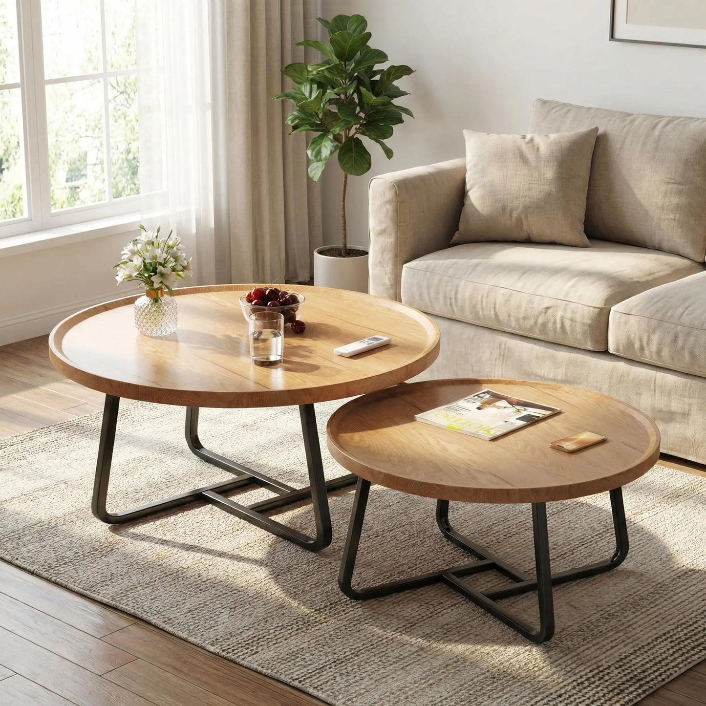 Mid Century Modern Nesting Coffee Table Set – 2 Fluted Round Wood Side Tables – Sturdy Metal Frame, Easy Assembly – Space-Saving