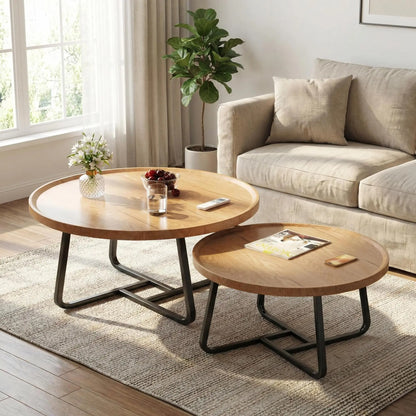 Mid Century Modern Nesting Coffee Table Set – 2 Fluted Round Wood Side Tables – Sturdy Metal Frame, Easy Assembly – Space-Saving