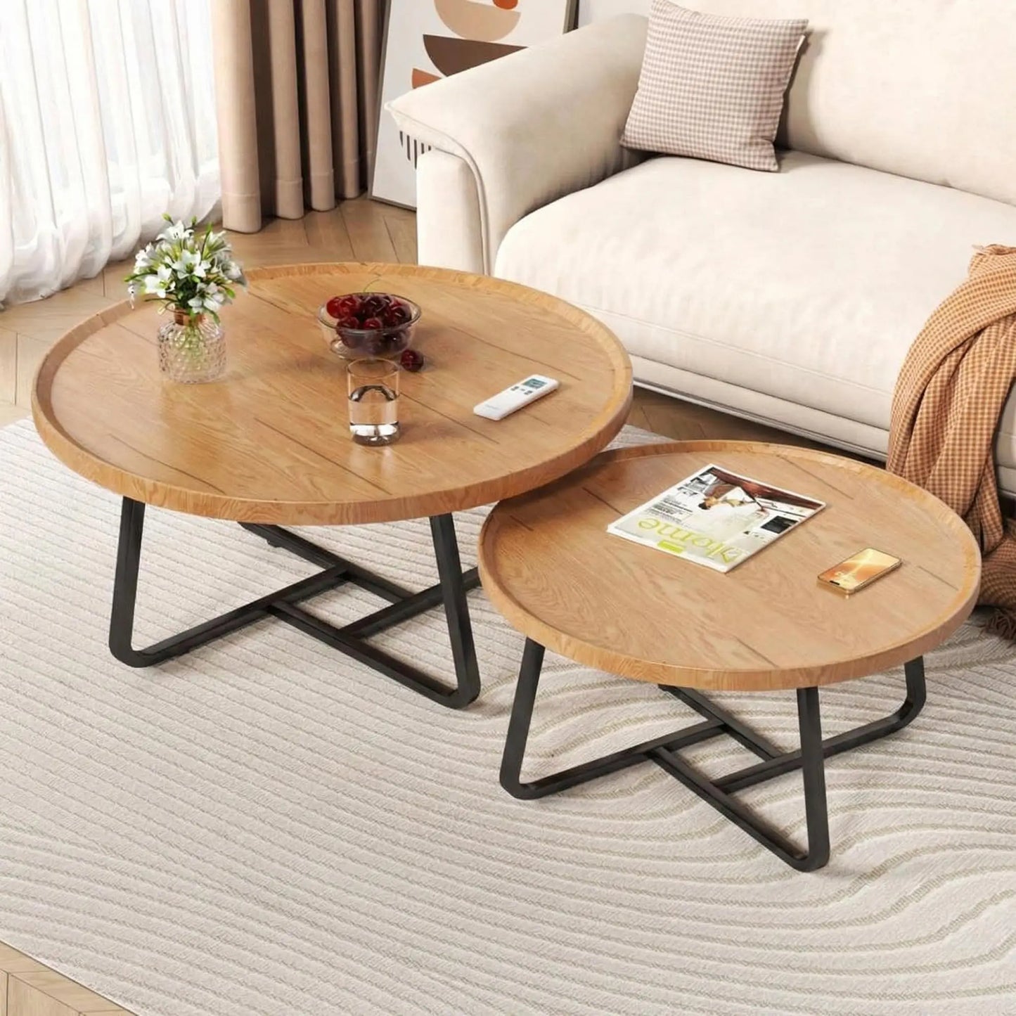 Mid Century Modern Nesting Coffee Table Set – 2 Fluted Round Wood Side Tables – Sturdy Metal Frame, Easy Assembly – Space-Saving