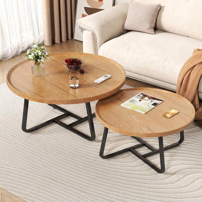 Mid Century Modern Nesting Coffee Table Set – 2 Fluted Round Wood Side Tables – Sturdy Metal Frame, Easy Assembly – Space-Saving
