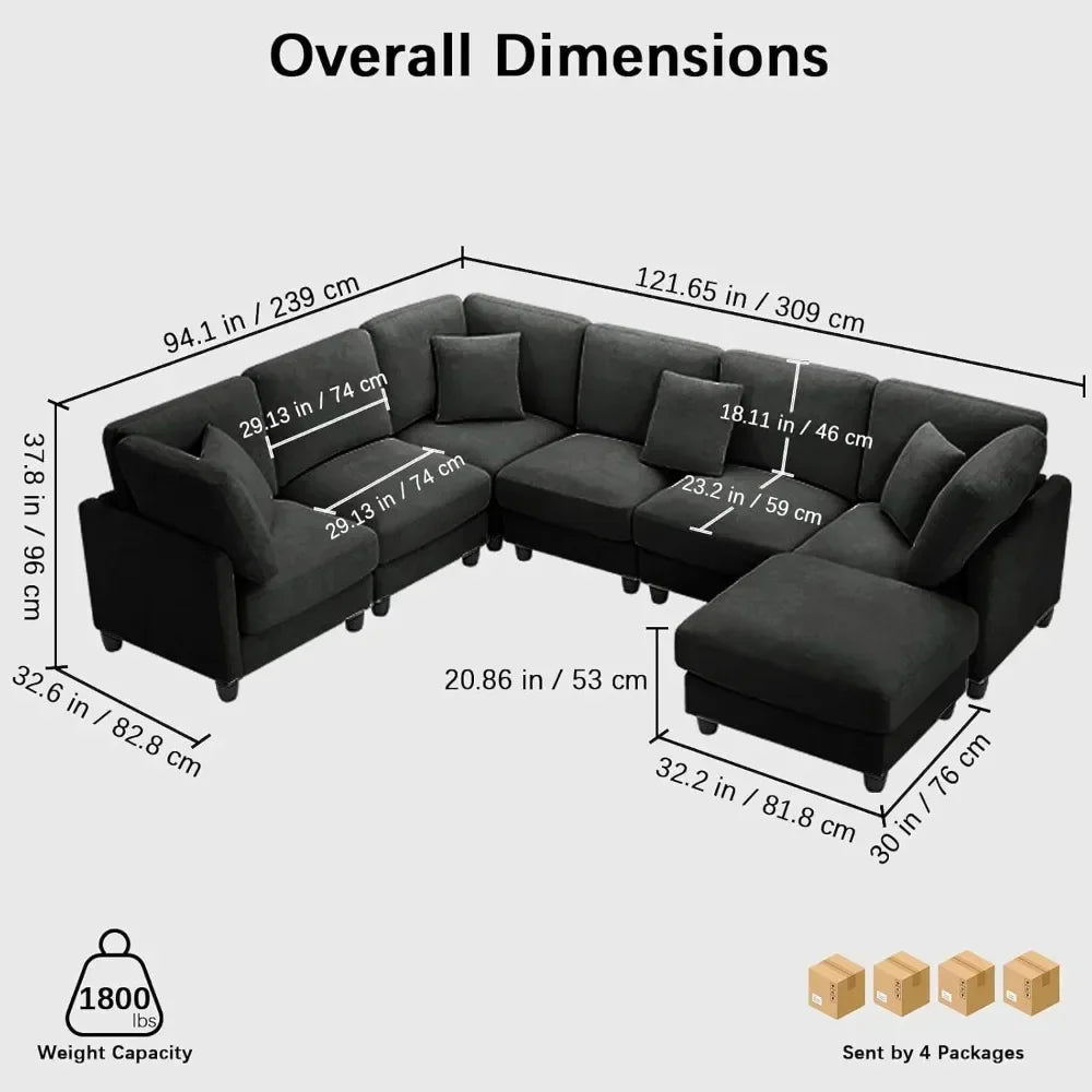 121'' 7-Seater Chenille Cloud Couch with Movable Ottoman L/U-Shape Modern Upholstered Sectional Sofa for Living Room Customized