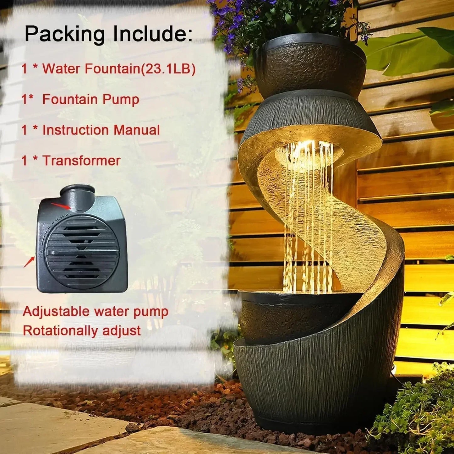 S Shaped Outdoor Water Fountain With LED Lights And Planter Bowl