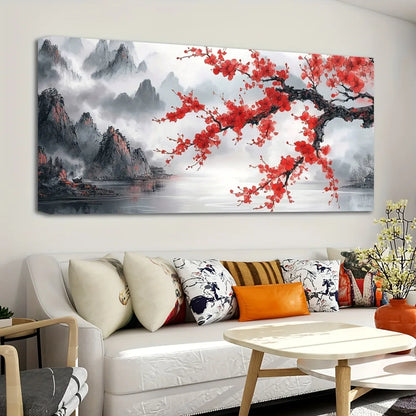 Pink Plum Chinese Mural Pine Wood Frame Landscape Wall Art