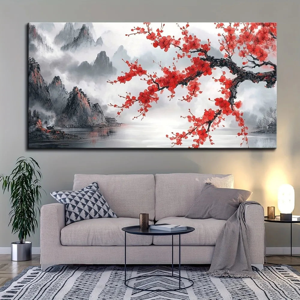 Pink Plum Chinese Mural Pine Wood Frame Landscape Wall Art