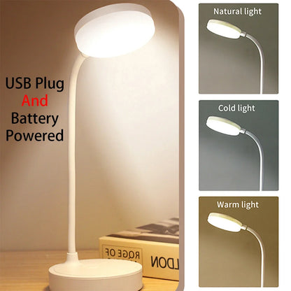 Portable LED Desk Lamp – USB Plug or Battery Powered, 3 Colours & Stepless Dimming, Eye-Protection Bedside Lamp for Bedroom