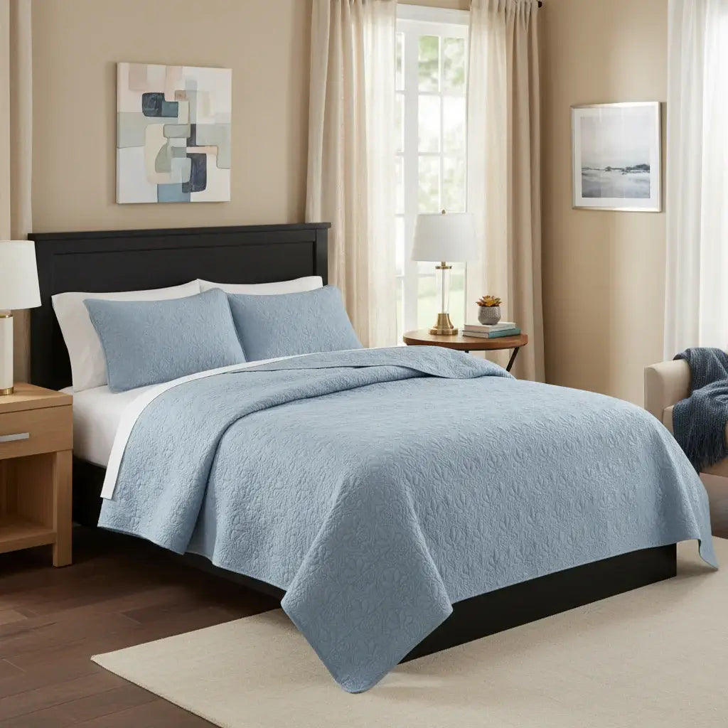 Handmade Blue Quilt Set King Reversible Embroidered Printed